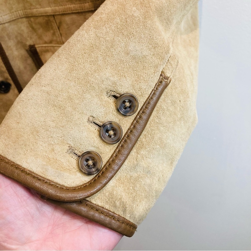 EDDIE BAUER SZ L Seattle Suede Vintage Tan Brown Trim Pockets Back Slits Jacket - Picture 6 of 16